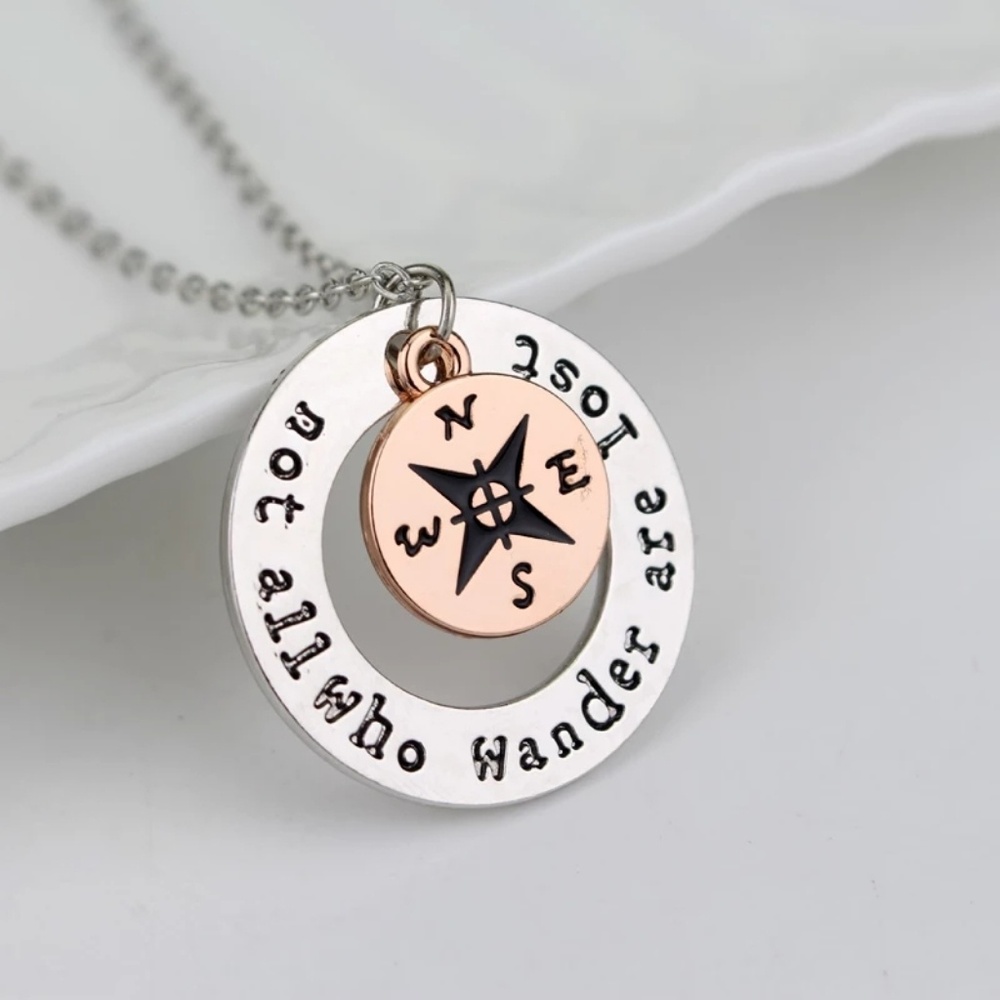 Wander boho necklace silver copper with compass